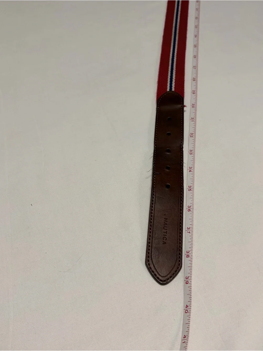 Nautica Red Striped Woven Men's Belt‎ with Brown Leather Trim 34/85